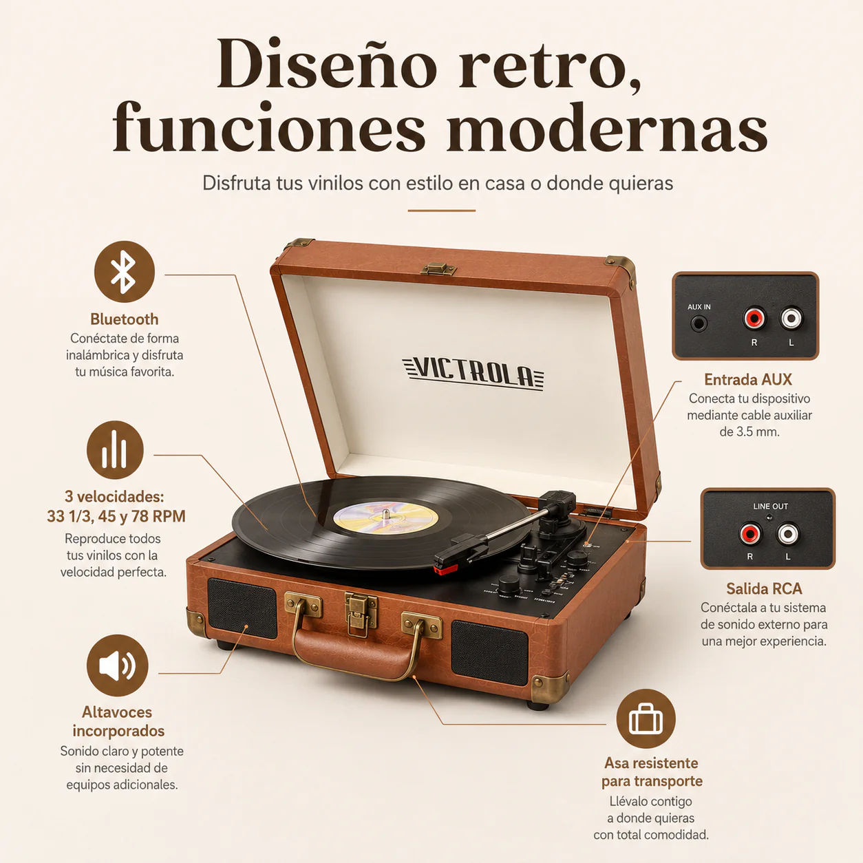 🎵Tocadiscos Vintage RetroSound Bluetooth – Portátil con Altavoces Integrados - Image 4