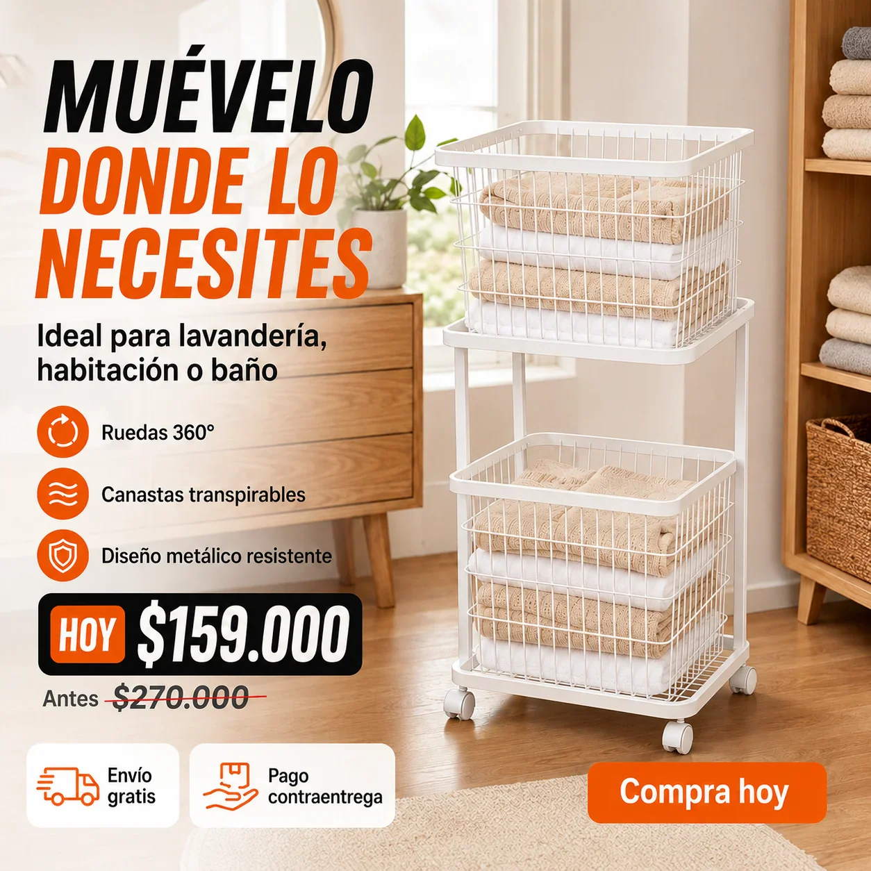 Carrito Organizador Metálico de Lavandería con 2 Canastas Extraíbles y Ruedas 360° - Image 3