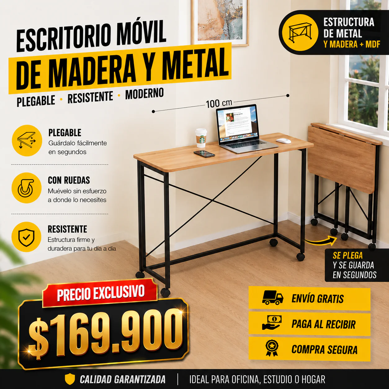 Escritorio Móvil Plegable Madera & Metal PREMIUM - Image 8
