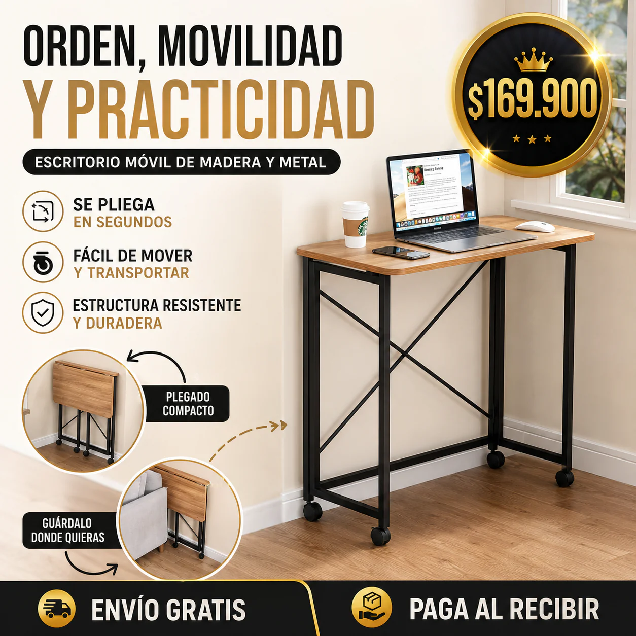 Escritorio Móvil Plegable Madera & Metal PREMIUM - Image 9