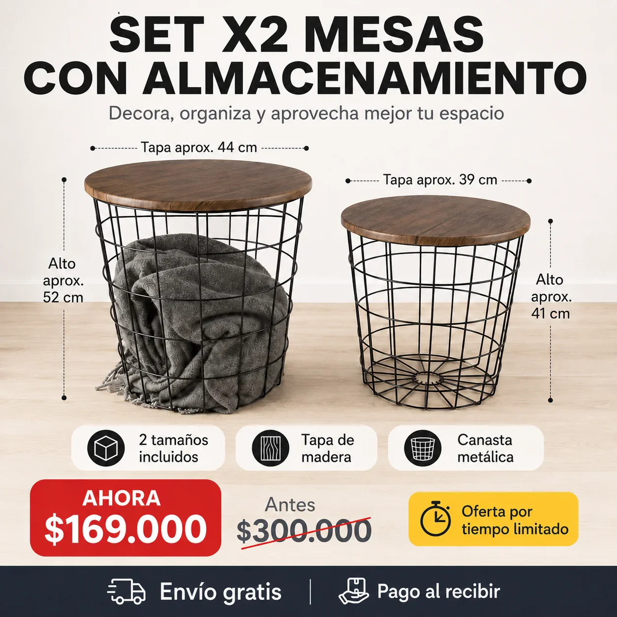 Set x2 Mesas Auxiliares Metálicas con Tapa de Madera y Almacenamiento - Image 4
